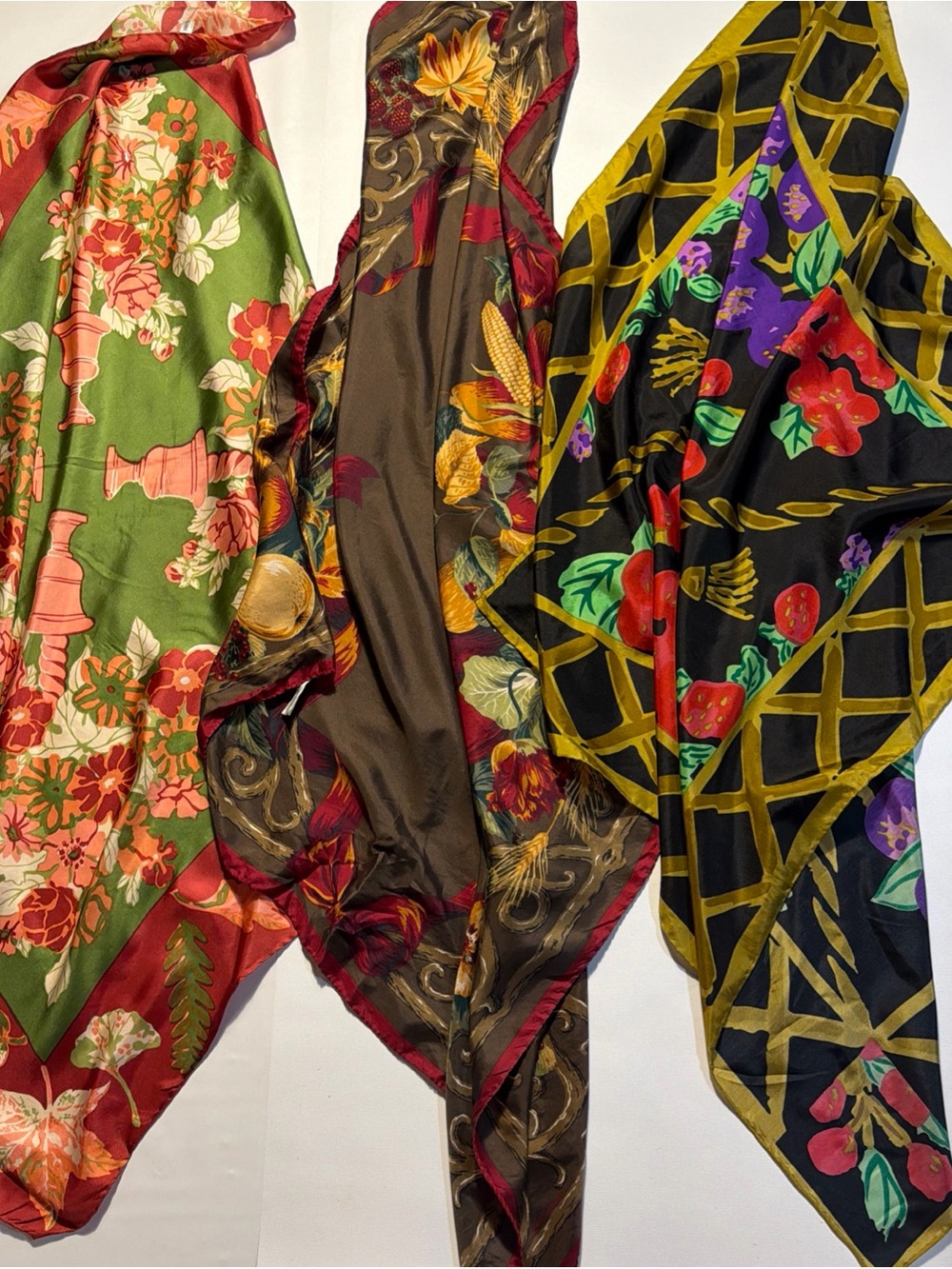 Lot Of 3 Silk Scarves Autumn Color & Print Harvest Square 33”-34” Shawl